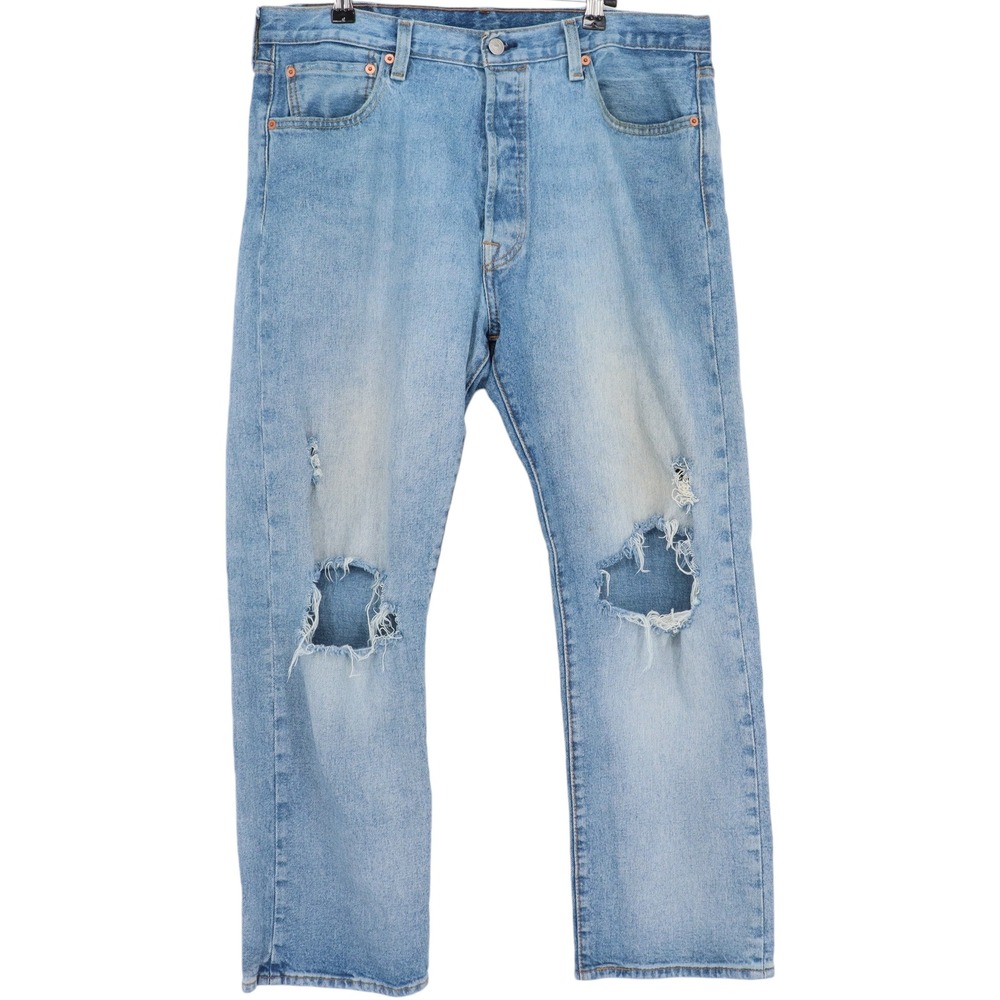 Levis 501 Original Fit Mens 36x29 Light Wash Distressed Ripped Jeans Button Fly